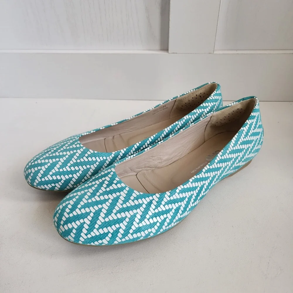 SAS‎ Womens 7.5 Lacey Teal White Chevron Geometric Ballet Flats - $245 MSRP